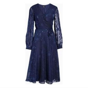 New Lulus Evening of Elegance Navy Blue Floral Jacquard Wrap Midi Dress